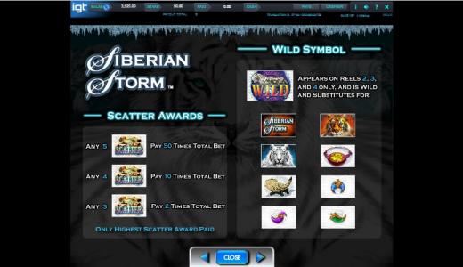MegaJackpots Siberian Storm Slot Machine Scatter Awards and Wild Symbol Screen