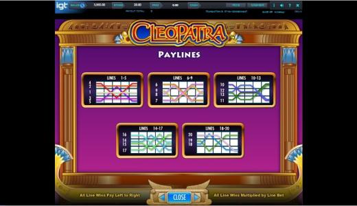 Cleopatra II Slot Machine Paylines Screen