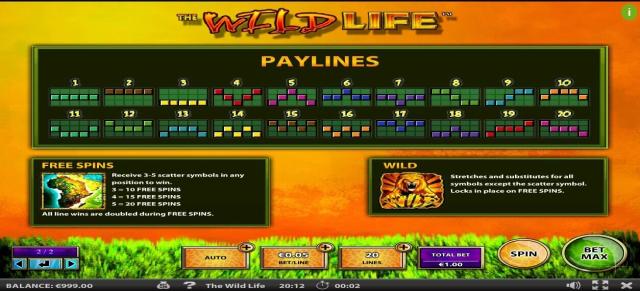 The Wild Life Slot Machine Paylines Screen