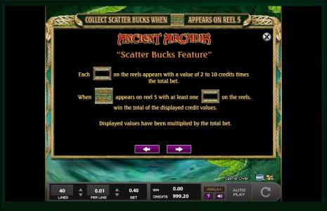 Ancient Arcadia Slot Machine Scatter Bucks Feature Screen