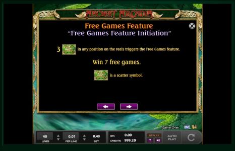 Ancient Arcadia Slot Machine Free Spins Bonus Screen