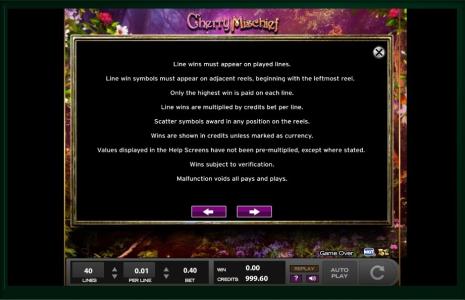Cherry Mischief Slot Machine Game Rules Screen