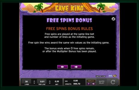 Cave King Slot Machine Free Spins Bonus Screen