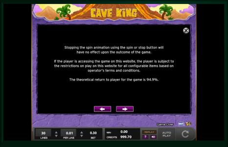 Cave King Slot Machine Game Rules Screen