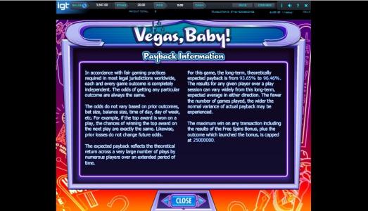 Vegas Baby Slot Machine Payback Information Screen
