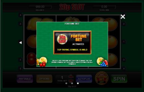 20p Slot Machine Fortune Bet Activated Screen