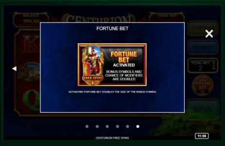 Centurion Free Spins Slot Machine Fortune Bet Activated Screen