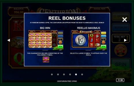 Centurion Free Spins Slot Machine Reel Bonuses Screen