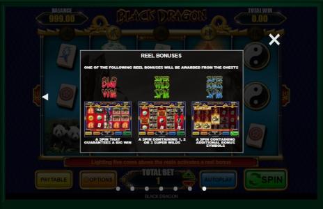 Black Dragon Slot Machine Reel Bonuses Screen