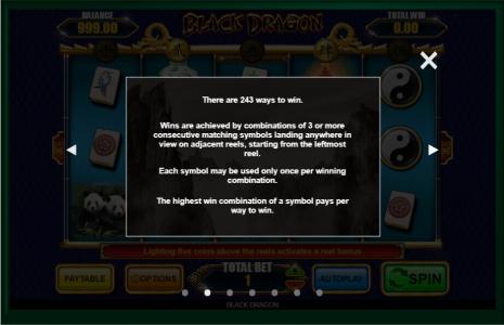 Black Dragon Slot Machine Paylines and Winning Information Screen