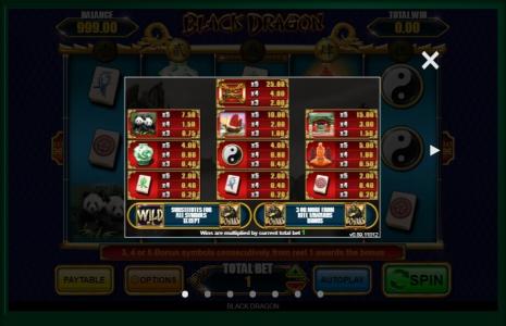 Black Dragon Slot Machine Paytable Screen