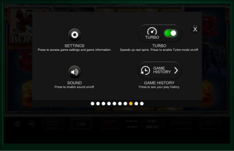 Gem Hunter Slot Machine Settings and Game History Screen