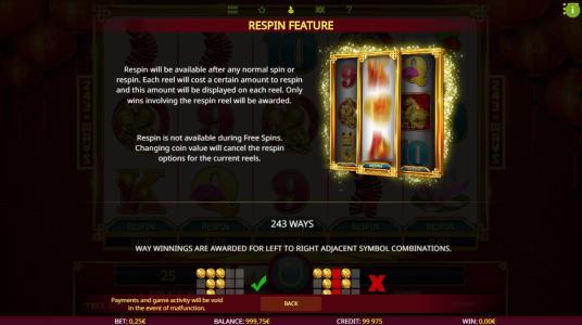 Tree of Fortune Slot Machine Respin Feature Screen