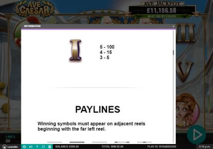 Ave Caesar Slot Machine Paylines Screen