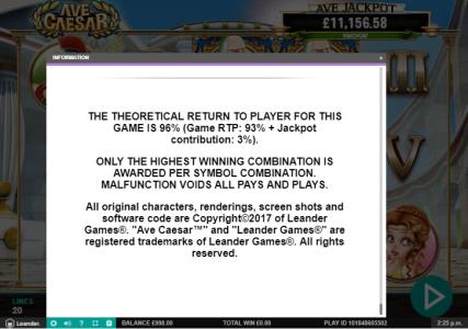 Ave Caesar Slot Machine Game Rules Screen