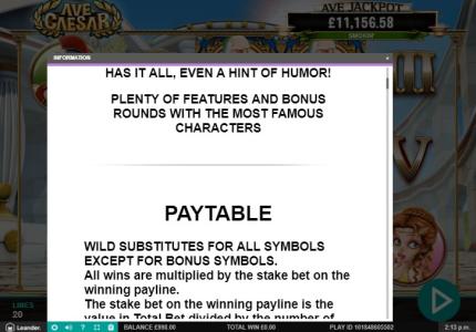Ave Caesar Slot Machine Game Rules Screen