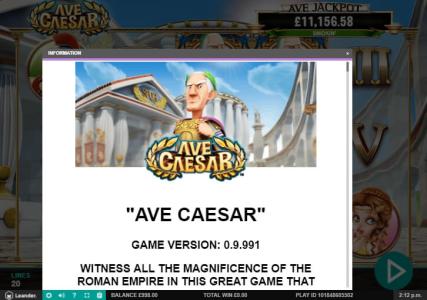 Ave Caesar Slot Machine Bonus Game Screen