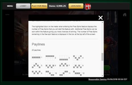 Guardians of Fire and Ice Slot Machine Paylines Screen