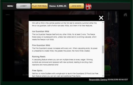 Guardians of Fire and Ice Slot Machine Wild and Feature Descriptions Screen
