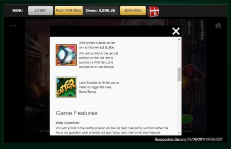 Guardians of Fire and Ice Slot Machine Scatter Awards and Wild Symbol Screen