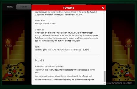 Fortune Temple Slot Machine Game Rules Screen