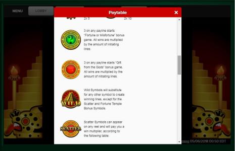 Fortune Temple Slot Machine Paytable Screen