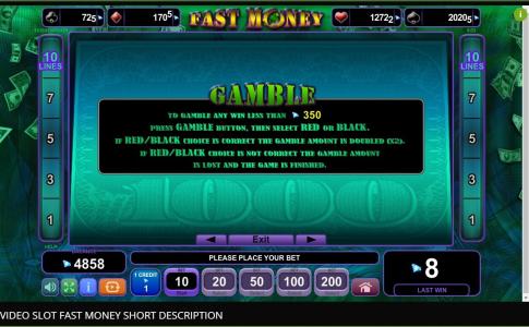 Fast Money Slot Machine Gamble Feature Screen