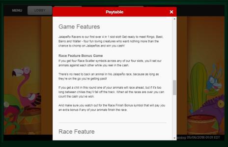 Jalapeno Racers Slot Machine Game Feature Screen