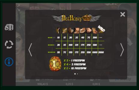 Hot Honey 22 VIP Slot Machine Paytable Screen