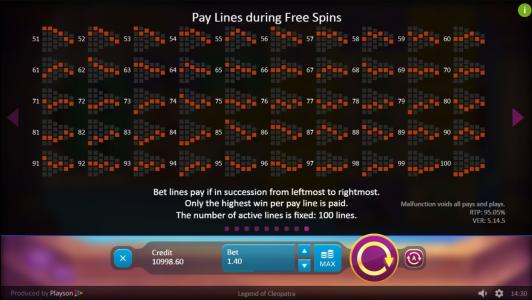 Legend of Cleopatra Slot Machine Paylines Screen