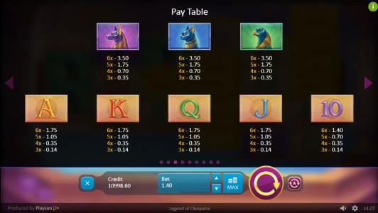 Legend of Cleopatra Slot Machine Paytable Screen