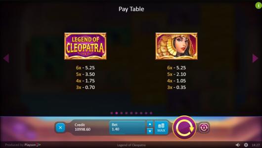 Legend of Cleopatra Slot Machine Paytable Screen