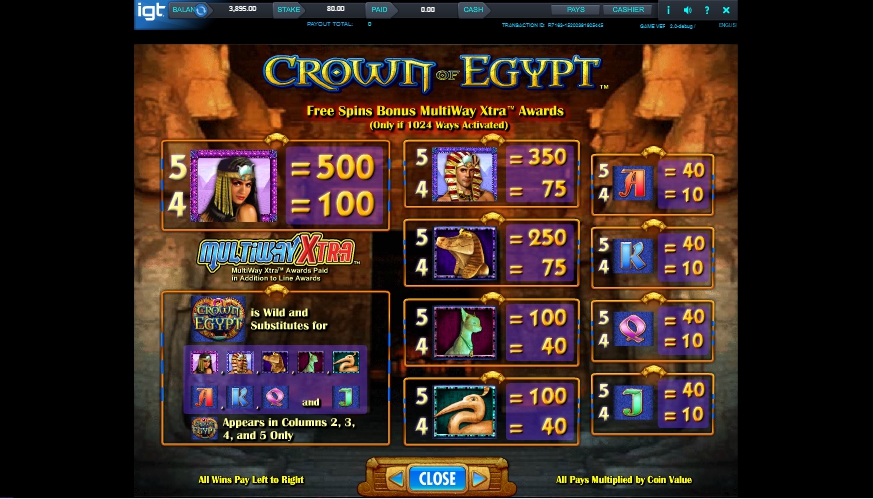 An Egyptian Themed Slot with Your Choice of Game Configuration In many ways, IGT already dominate the Ancient Egypt themed slots with their range of Cleopatra games.With Crown of Egypt, they have introduced a lot of flexibility into how you play.You can choose 40 win-lines, or up to combinations via the ‘Multiway Xtra’ setup options.